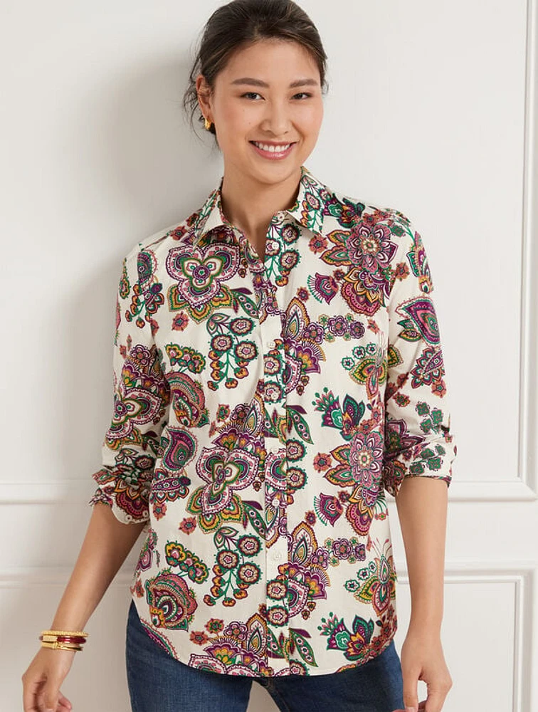 Cotton Button Front Shirt - Delicate Paisley