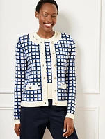 Textured Stitch Crewneck Cardigan - Plaid