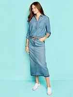 Drop Hem Denim Midi Skirt - Spring Wash