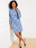 Tie Sleeve Eyelet Chambray Dress