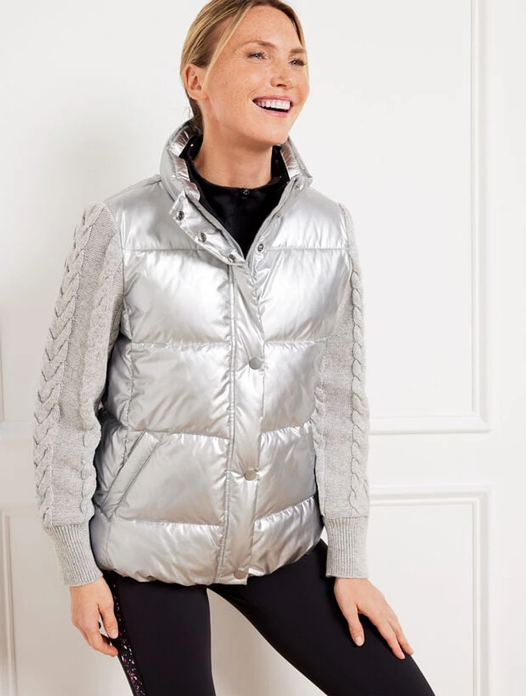 Cable Knit Sleeve Puffer Jacket - Metallic