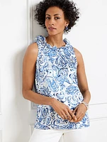 Ruffle Neck Satin Shell - Painted Paisley