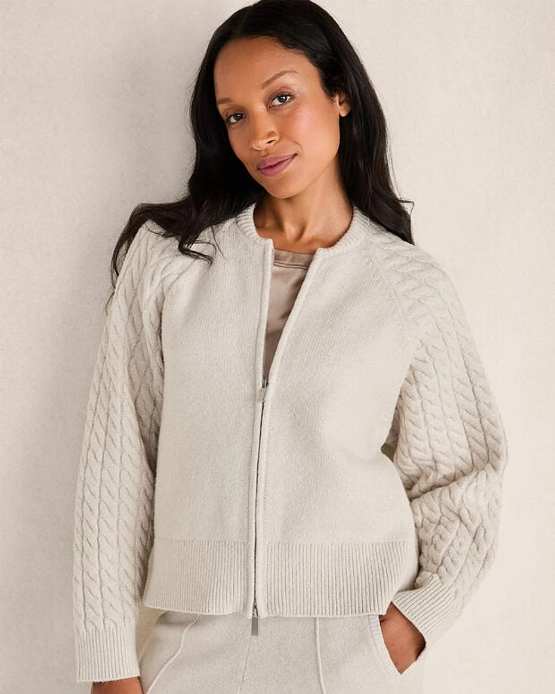 Organic Cotton Cable-Sleeve Zip-Up Cardigan