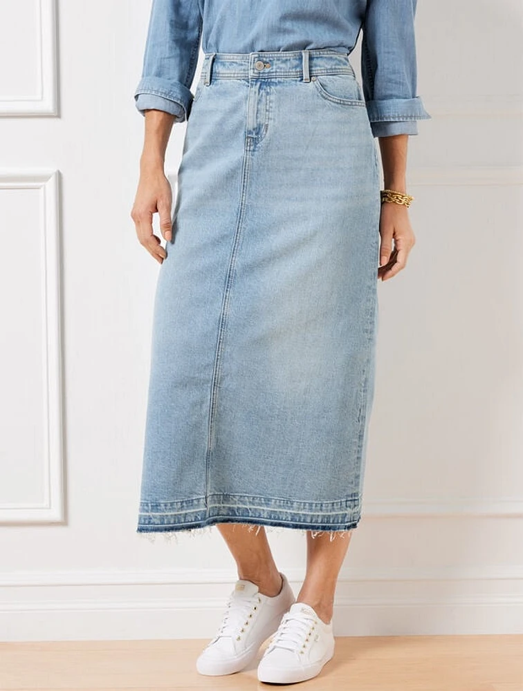 Drop Hem Denim Midi Skirt - Spring Wash