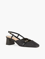 Carlye Buckle Block Heel Pumps - Shimmer Raffia