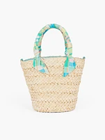 Madras Scarf Handle Straw Tote