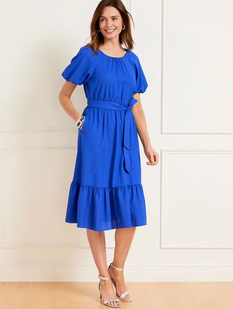 Puff Sleeve Seersucker Fit & Flare Dress