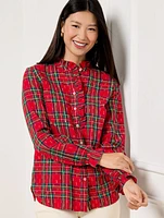 Metallic Button Front Top - Solstice Plaid