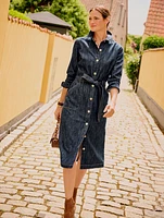 Denim Tie Waist Midi Shirtdress - Midnight Wash