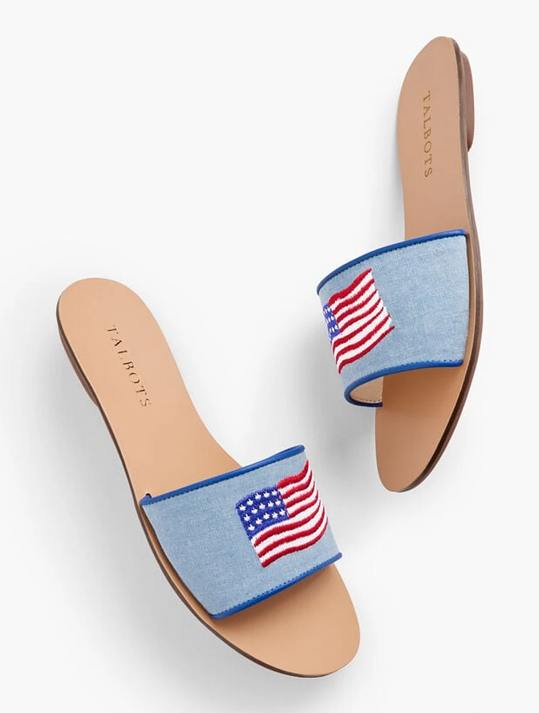 Hannah Slides - Embroidered Chambray