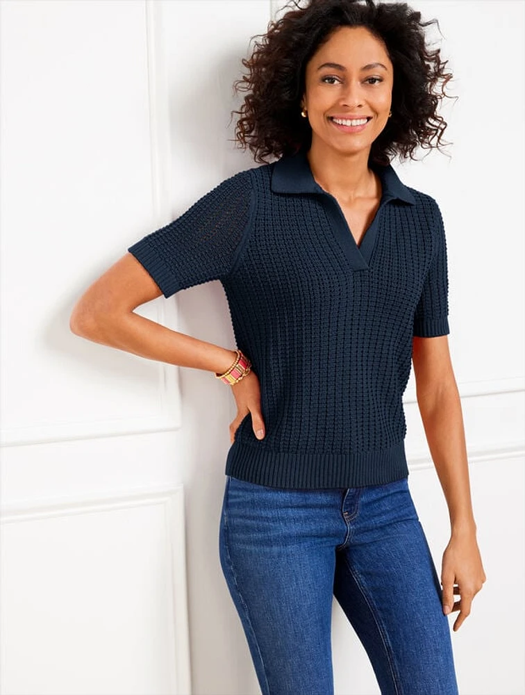 Pointelle Stitch Polo Sweater