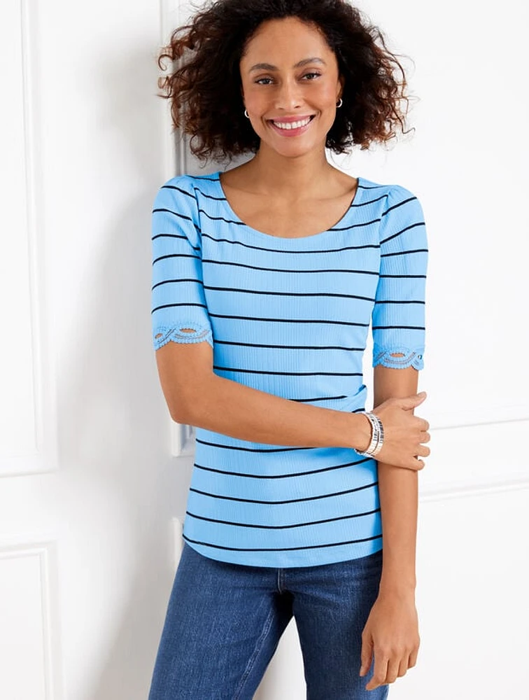 Lace Trim Ballet Neck Tee - Stripe