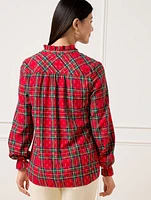 Metallic Button Front Top - Solstice Plaid