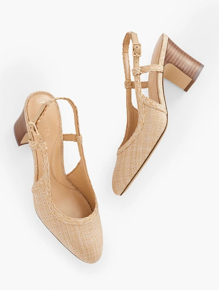 Irene Slingback Block Heel Pumps - Raffia