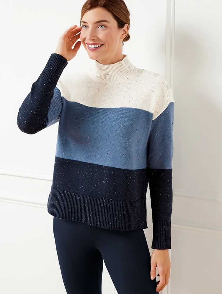 Snap Button Mockneck Sweater - Speckled Stripe