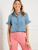 Ruffle Button Front Denim Top