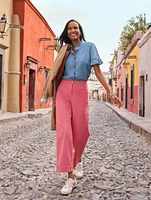 Ruffle Button Front Denim Top