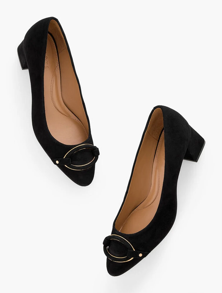 Kayla Buckle Block Heel Suede Pumps