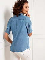 Elbow Sleeve Denim Button Front Shirt - Surf Blue Wash