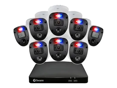 Système de sécurité DVR à disque dur Swann 1080p HD 8 canaux 1 To avec 8 caméras de sécurité à lumière clignotante rouge et bleu de style police