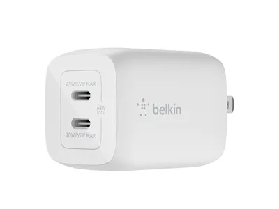 Belkin 65W GaN PD Dual USB-C Wall Charger with PPA for Smartphone Tablet & Laptop - White