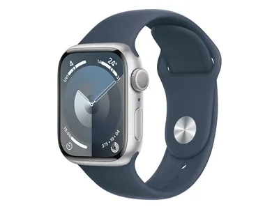 Apple® Watch Série 9 45 mm Boîtier en aluminium Argent avec bracelet sport Bleu Tempête (GPS
