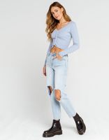 SKY AND SPARROW Cinched Button Front Light Blue Knit Top