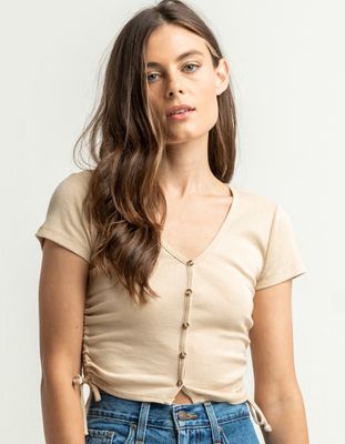 SKY AND SPARROW Button Front Cinch Side Tan Top
