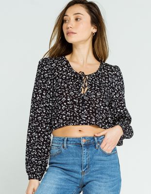 FULL TILT Tie Front Navy Peasant Top