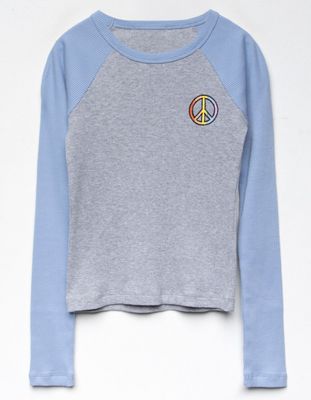 RSQ Embroidered Peace Sign Girls Raglan Tee