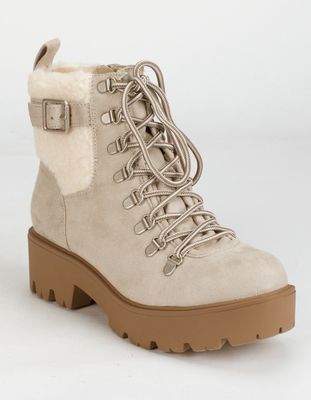 SODA Faux Shearling Beige Hiker Boots