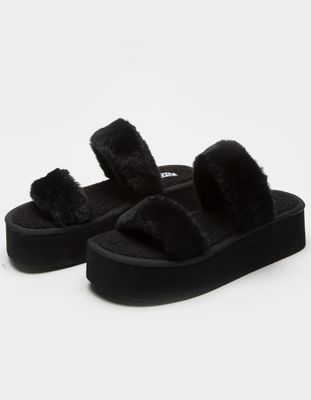 SODA Dual Strap Faux Fur Black Flatform Sandals