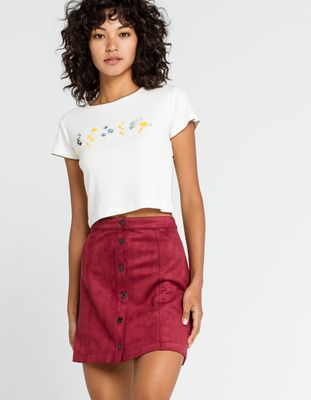 SKY AND SPARROW Button Front Faux Suede Wine Mini Skirt