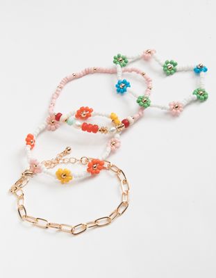 FULL TILT 4 Pack Beaded Flower & Chain Bracelet Set