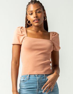 WEST OF MELROSE Squared Away Puff Sleeve Peach Top