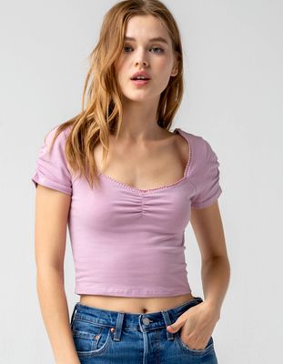 SKY AND SPARROW Cinch Front Puff Sleeve Lavender Tee