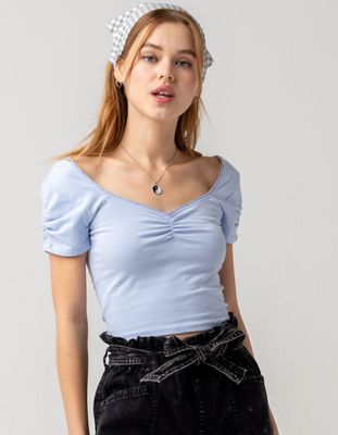 SKY AND SPARROW Cinch Front Puff Sleeve Light Blue Tee