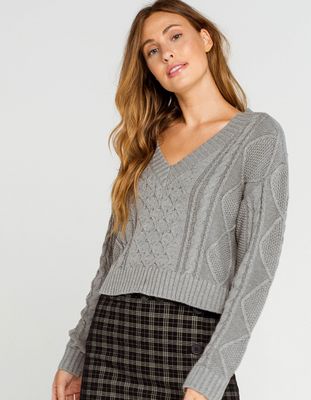 RSQ Cable Knit V Neck Heather Gray Sweater