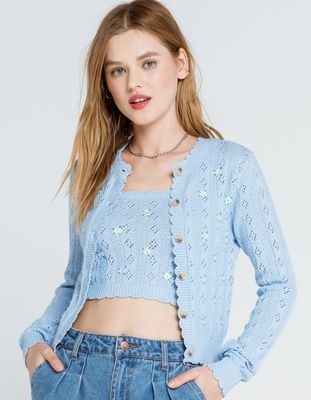 SKY AND SPARROW Embroidered Floral Pointelle Light Blue Cardigan