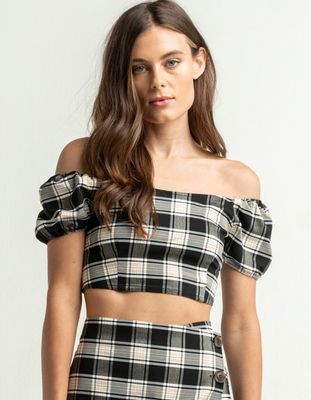 LOVE TREE Fitted Plaid Black Top