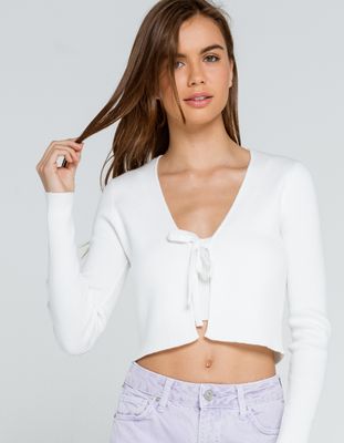 FULL TILT Ribbed Tie Front White Cardigan