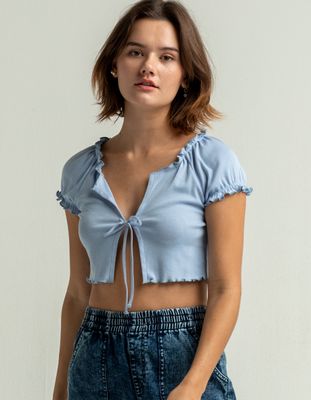 SKY AND SPARROW Puff Sleeve Light Blue Tie Front Top