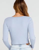 SKY AND SPARROW Cinched Button Front Light Blue Knit Top