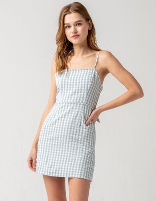 SKY AND SPARROW Gingham Open Tie Back Green Slip Dress
