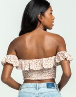 SKY AND SPARROW Off The Shoulder Multi Smock Crop Top