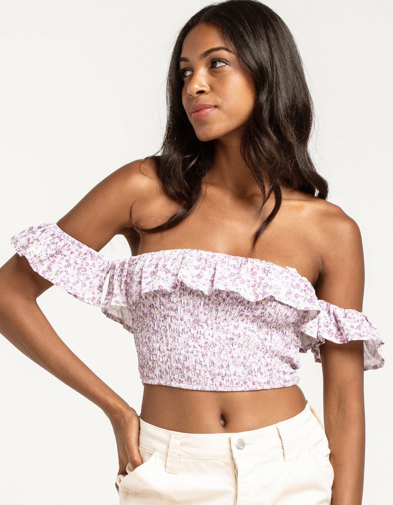 SKY AND SPARROW Off The Shoulder Lavender Smock Crop Top