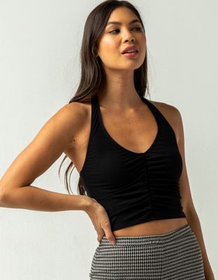 SKY AND SPARROW Cinch Front Black Halter Top