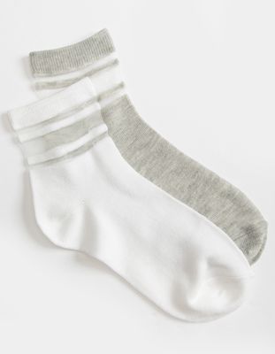 FULL TILT 2 Pack Sheer Stripe White & Gray Crew Socks