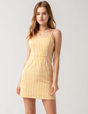 SKY AND SPARROW Gingham Open Tie Back Yellow Slip Dress