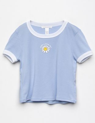 FULL TILT Embroidered Flower Smile Girls Ringer Tee